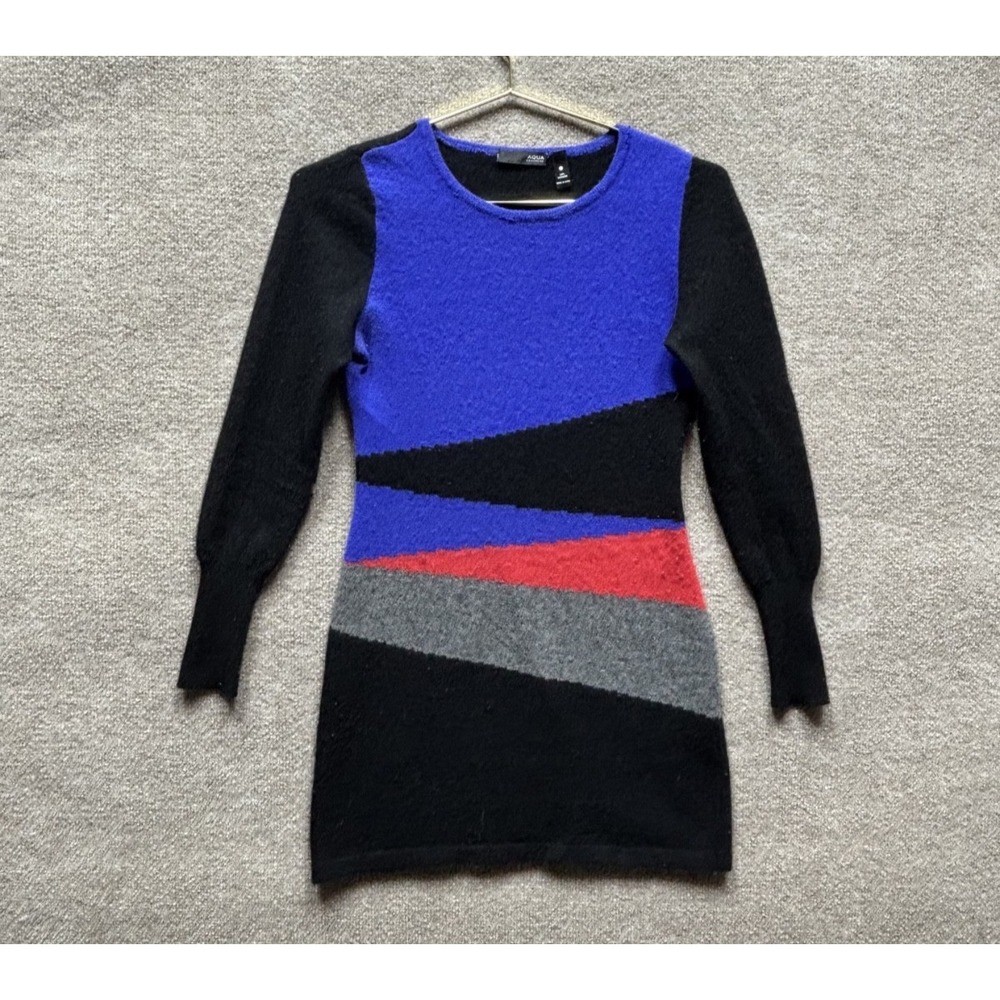 Aqua Cashmere Mini Sweater Dress Long Sleeve 100% Black Multi Slim Bodycon EUC